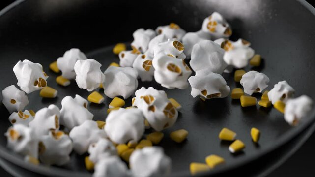 Close-up of popcorn kernels popping in a frying pan