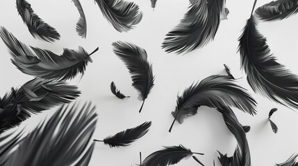 Fototapeta premium black feathers floating in the air, isolated on a white background