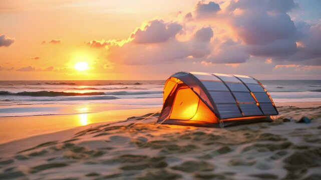 A small portable tent set up on a beach with flexible solar panels integrated into its design providing power for lighting and electronic devices.