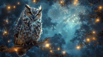 A watercolor painting of an owl sitting on a branch in a moonlit forest, with the moonlight highlighting its piercing eyes and detailed feathers.