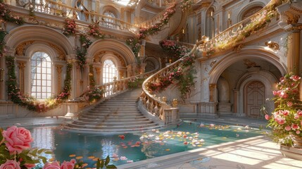 Obraz premium Marble white stairs with flower garlands, fantasy palace or heaven stone stair with floral decorations, fairytale princess castle interior, AI generated image