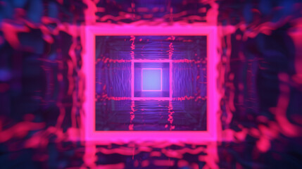 Neon square tunnel reflecting on water surface, creating a mesmerizing and trippy abstract background