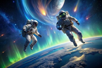 Happy Cosmonautics Day. Astronauts in a spacesuit in outer space. Spectacular view of planet Earth and the northern Lights.