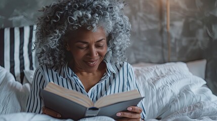 Senior black woman reading and laying in her bed, happy bold and bright expression, positive emotions, elevated morning routine, soft warm photo 90s style, AI generated image
