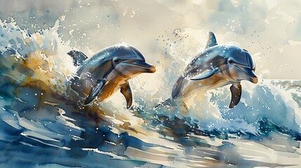 A watercolor painting of dolphins playfully jumping in the ocean, with crystal clear water and a bright, sunny sky.