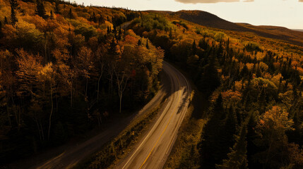 Serene Autumn Road Through Forested Mountains at Sunset