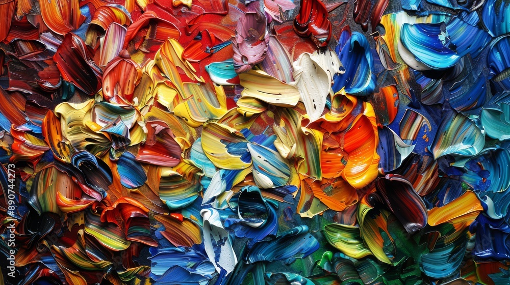 Poster an expressive and dynamic abstract painting created with colorful strokes and rich textures on canva