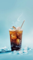 Iced cola in a cup with straw and melting ice cubes
