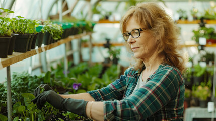Mature woman tending to plants in a greenhouse, wearing gloves and glasses, surrounded by various potted plants and greenery, demonstrating gardening and plant care skills