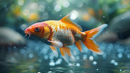 A watercolor painting of koi fish swimming in a calm pond, with rocks and aquatic plants providing a natural habitat.