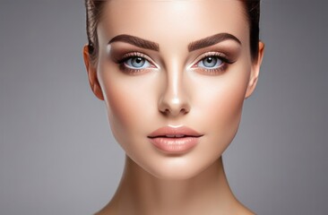 Fototapeta premium A close-up of a glamorous woman with flawless skin, captivating blue eyes, and perfectly applied makeup.