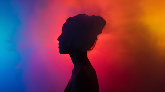 silhouette of a person with a rainbow. Side profile of a young woman with elegant updo looking calmly ahead. Smoky colourful pride theme background. Pink purple and orange sunset tones in studio.