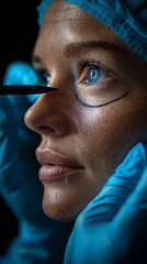 Closeup of a woman's face with surgical markings, blue medical gloves, and precision tool in cosmetic surgery preparation.