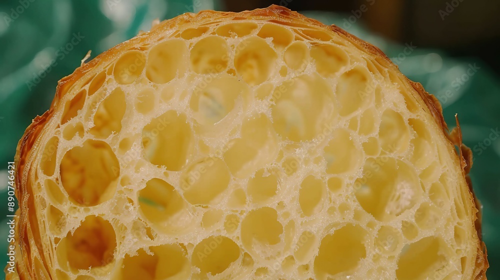 Poster a macro shot of a slice of bread with numerous holes scattered throughout
