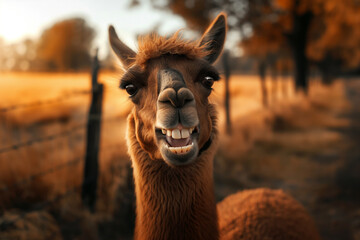 Obraz premium Smiling Llama in a Pasture at Sunset
