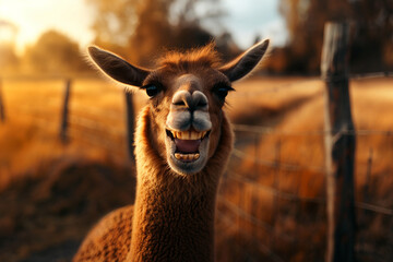 Obraz premium Smiling Llama in a Pasture at Sunset