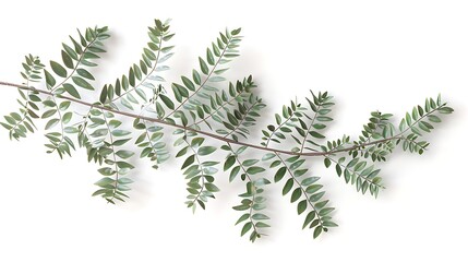 Green Branch with Delicate Leaves Isolated on White Background