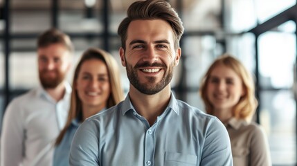 Obraz premium Confident business leader smiling with team members in blurred background, representing teamwork and leadership in a professional setting.