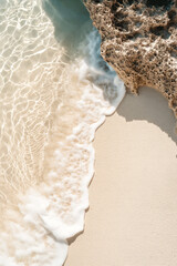 Top view of beach background with white sand and water, aerial view, minimalist style with copy space. 