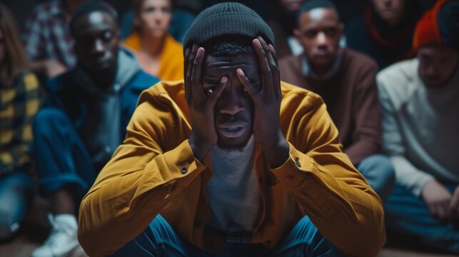 Man in yellow jacket looking stressed, sitting among a group of individuals in casual clothes, portraying mental tension.