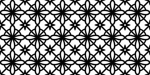 Elegant black and white grating of repeating openwork linear element. Abstract endless texture. Vector seamless pattern for giftwrap, tile, surface texture, printing on clothes, laser, plotter cutting
