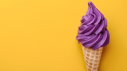 Purple Ice Cream Cone on a yellow Background with Copy Space