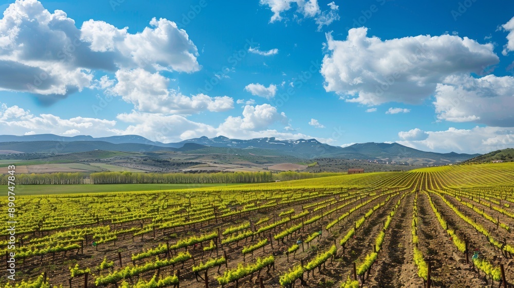 Poster a field of grape vines with a blue sky in the background