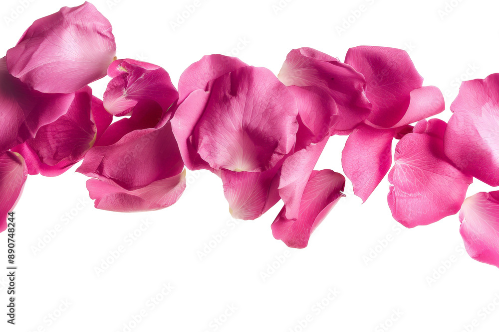 Poster photograph of bright pink rose petals suspended in mid-air, isolated on a white background, emphasiz