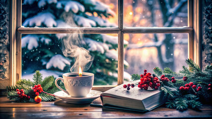 Cozy winter morning scene featuring a steaming cup of coffee and an open book on a snowy windowpane, surrounded by frosty glass and festive holly.