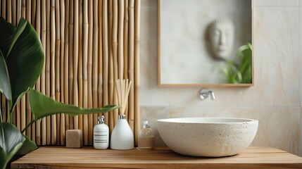 Fototapeta premium A serene bathroom scene featuring a minimalist sink, bamboo decor, and greenery, perfect for a calming atmosphere.