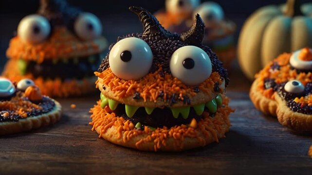 Funny delicious cookies for Halloween on the table in form of monsters on dark background with pumpkin and skeletons. AI generated