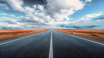 Obraz premium This is an image of a straight highway road with clouds. The image is an illustration of motorway advertising. The image shows a bending road, road signs.