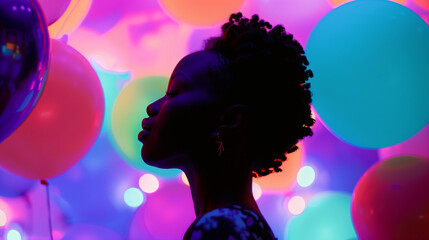 Silhouette of African American woman, standing in front of colorful balloons at night. The background is filled with glowing lights and pastel colors, creating a festive atmosphere birthday.