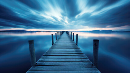 Fototapeta premium generated illustration of serene long exposure of wooden pier leading into tranquil ocean.