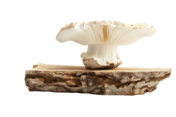 White champignon mushroom perched on a piece of snag, separated on a white background, highlighting its smooth cap and earthy charm