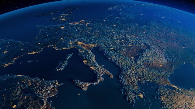 Cinematic space animation of detailed relief globe earth map of Italy, Greece, Spain, Portugal and whole southern and middle Europe such Germany and France and north Africa. City night lights, morning