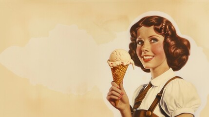 Vintage style poster of a female holding tasty ice cream.