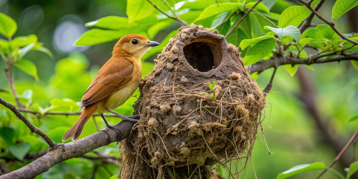 Rufous Hornero's intricate clay nest, built by Furnarius rufus, perches on a branch, showcasing its remarkable architectural skills for breeding, in its natural habitat.