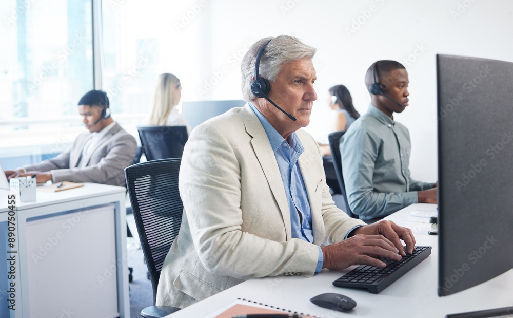 Sticker Customer support, call center and mature man on computer for insurance claim, online help and consulting. Corporate, office and person with headset for communication, crm service and telemarketing