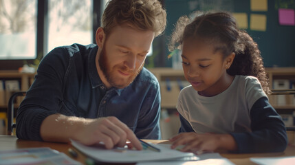 A teacher helping a student, capturing the supportive and educational interaction in a classroom setting.