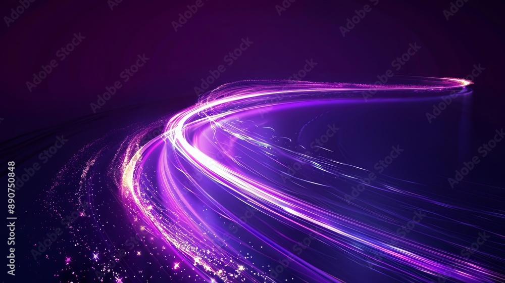 Poster abstract depiction of light lines indicating movement and speed adorned with purple sparkles represe