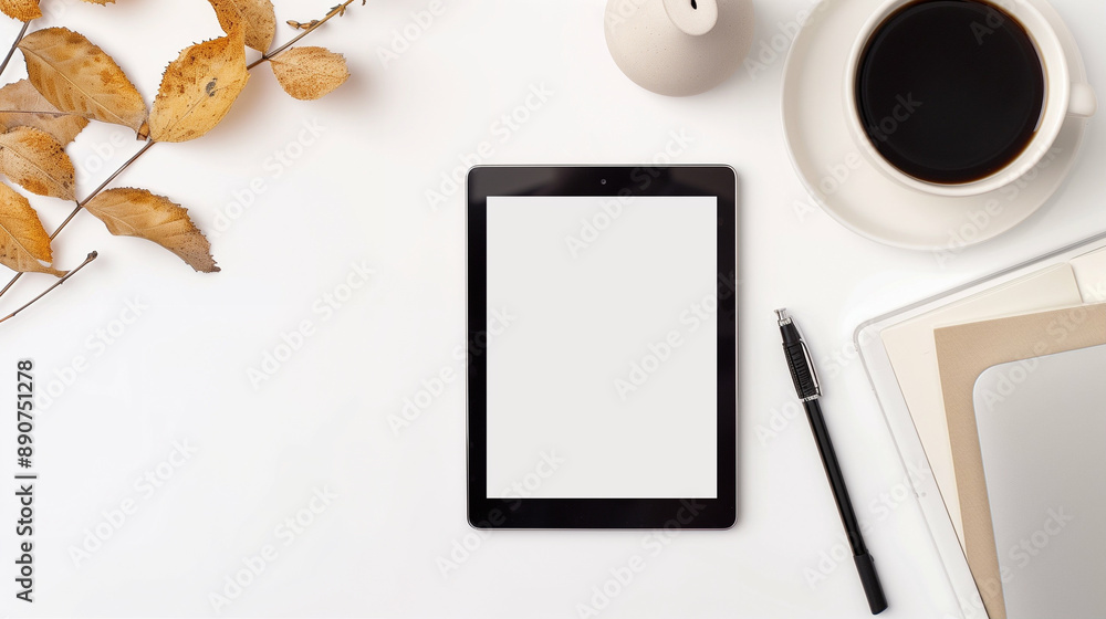 Poster stylish workspace with digital tablet and coffee. embrace productivity with minimalist design and au