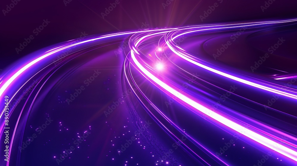 Poster abstract depiction of light lines indicating movement and speed adorned with purple sparkles represe