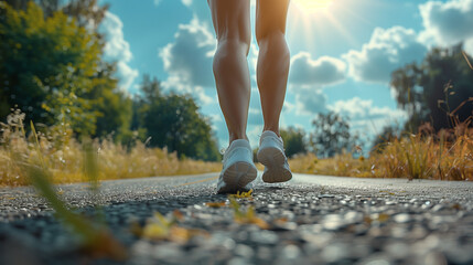 A woman wearing sports shoes running on a country road, embodying fitness and outdoor adventure.
