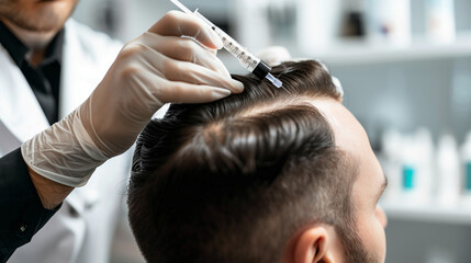 Fototapeta premium A man receiving modern hair follicle therapy at a dermatologist's office to restore hair growth and treat baldness. 