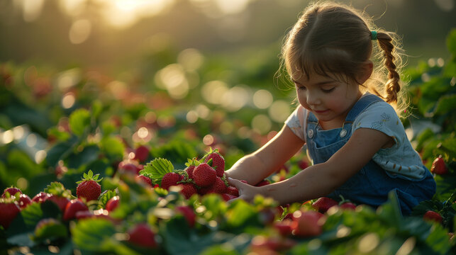 A cheerful girl picking strawberries at a farm, highlighting the joy and freshness of the harvest. - Powered by Adobe