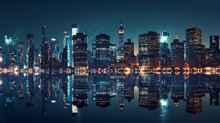 panoramic view of a city skyline at night with illuminated buildings