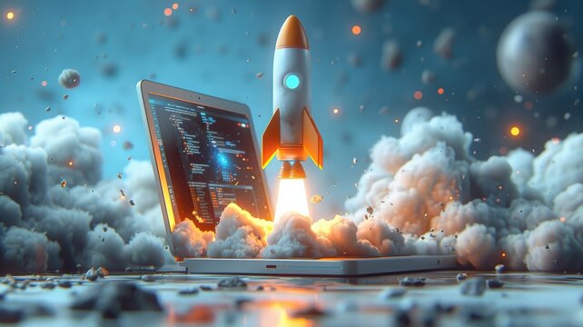 Futuristic rocket launching from laptop surrounded by digital clouds with coding screen, symbolizing technology, innovation, and space exploration in a vibrant cosmic scene featuring planetsfuturistic