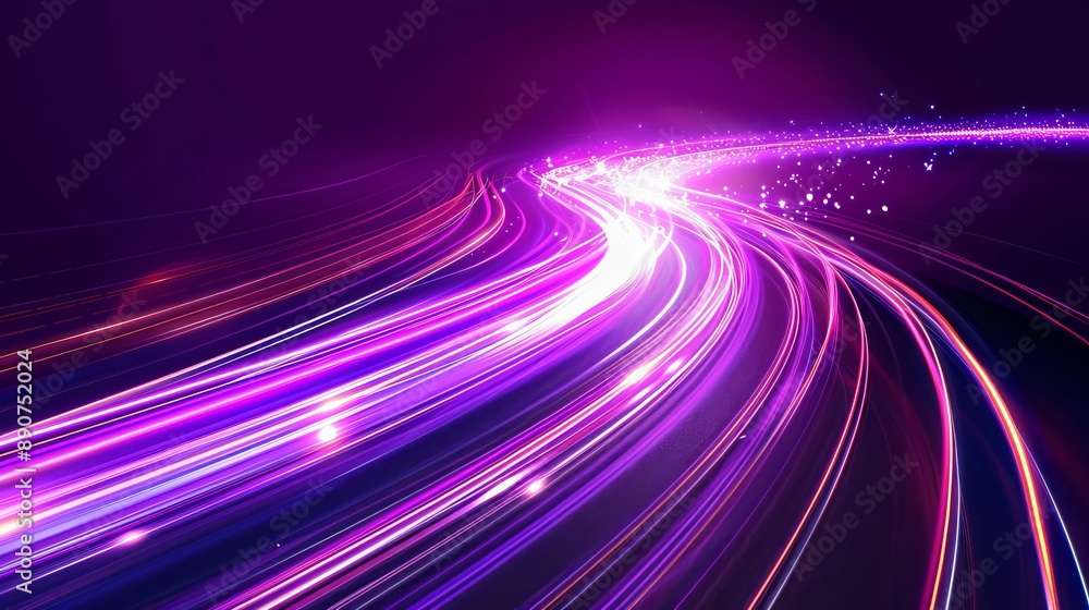 Poster abstract depiction of light lines indicating movement and speed adorned with purple sparkles represe