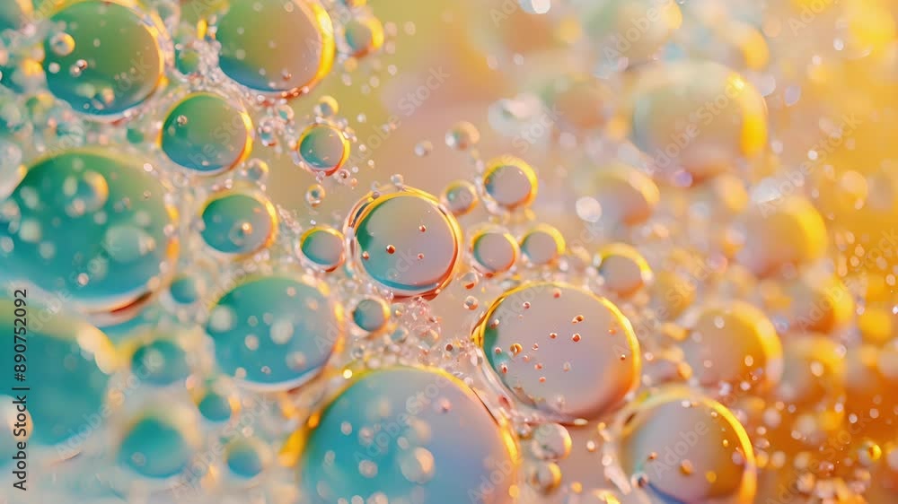 Poster a closeup shot of a bubbly frothy surface resembling sparkling champagne with each bubble reflecting